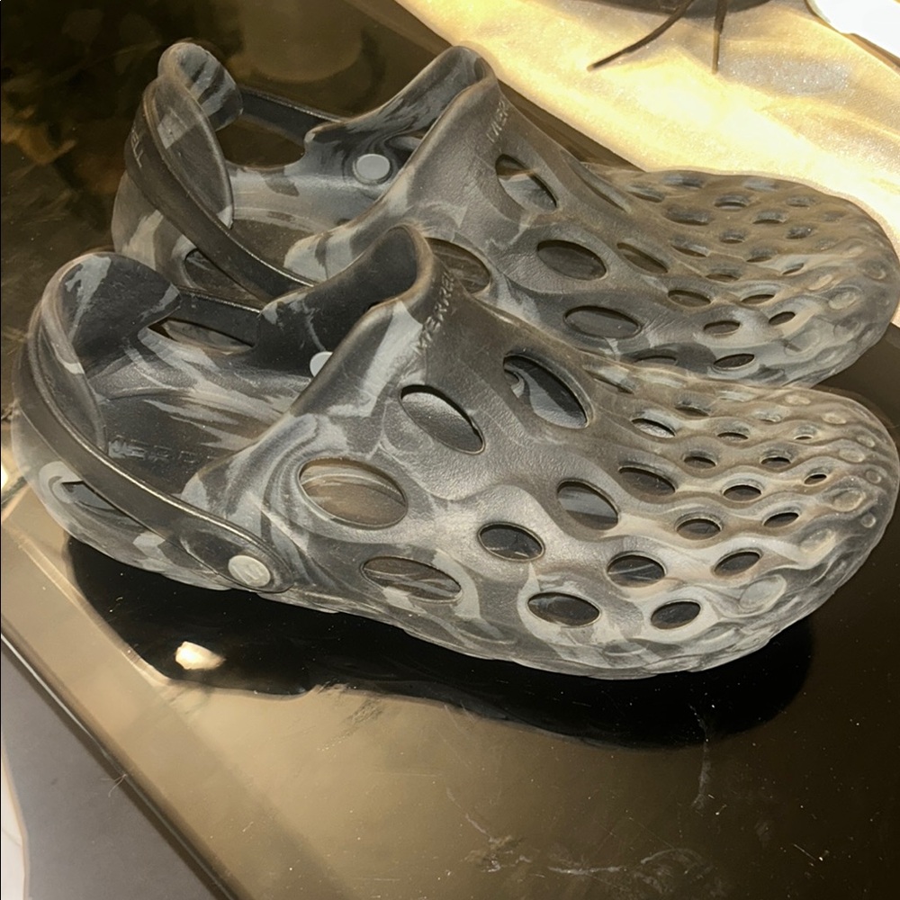 Merrell Black and Gray Slip-On Shoes with Unique Perforated Design